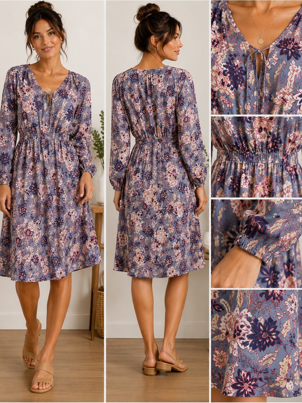 Old Navy Blue Floral Tie-Neck Long-Sleeve Midi Dress